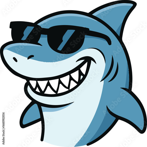 Cartoon shark wearing black sunglasses smiling with sharp teeth happy