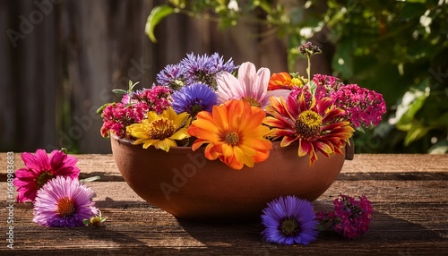 Wallpaper Mural handcrafted clay bowl filled with colorful flowers sits gracefully on rustic wooden background Torontodigital.ca