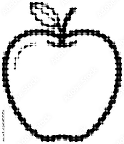 Dotted black and white apple drawing with a stem and leaf. Vector illustration