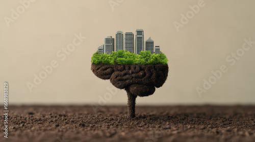 A creative blend of urban architecture and nature, depicted as a brain composed of soil, trees, and buildings, symbolizing environmental consciousness.