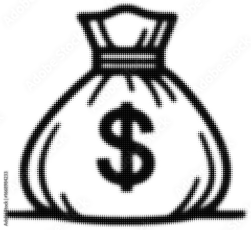 Black and white illustration of a money bag with dollar sign, finance concept. Vector illustration