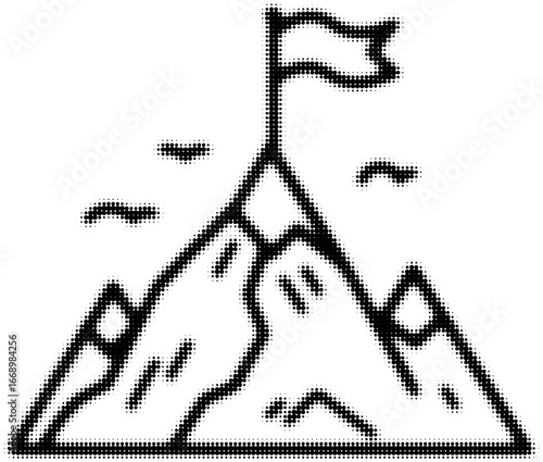 Monochrome illustration of a mountain with flag and birds in dotted style. Vector illustration