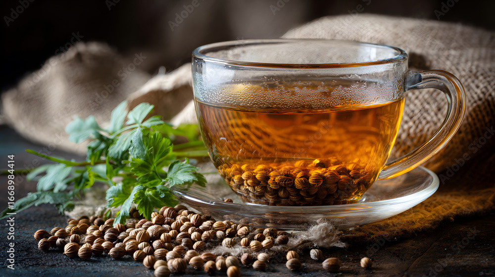 Fototapeta premium Glass cup of coriander seed herbal tea