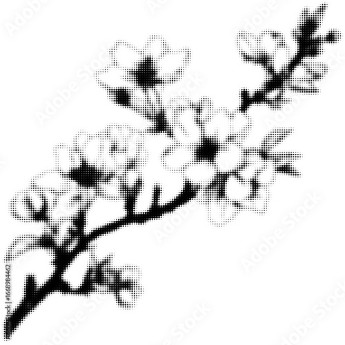 Halftone black and white cherry blossom branch with detailed pixel texture. Vector illustration