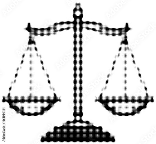 Scales of justice in halftone style, symbolizing law and balance. Vector illustration