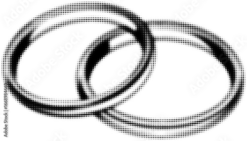Two black and white wedding rings in halftone style, digital artwork concept. Vector illustration