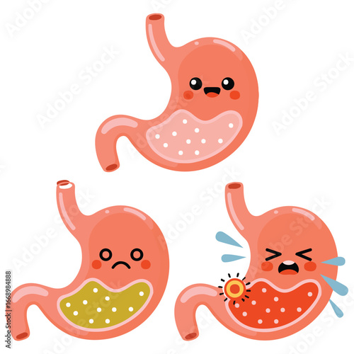 Healthy sick stomach characters gastritis indigestion isolated vector illustration on white background