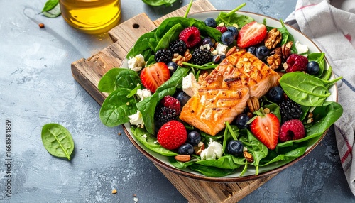 Fresh spinach and berry salad with grilled salmon, strawberries, blueberries, raspberries, nuts, feta, and honey-balsamic dressing, healthy gourmet protein meal.