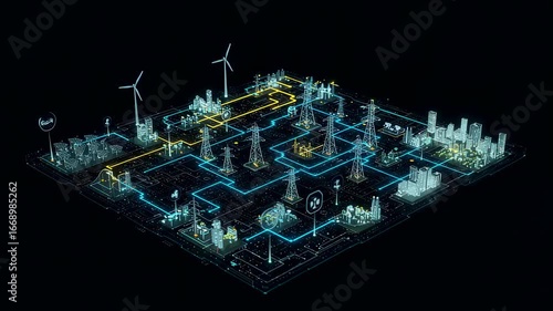 Digital visualization of a smart city grid showing power flow from various energy sources to urban areas, illustrating modern infrastructure planning.
