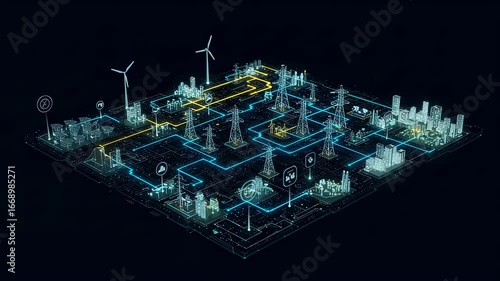 Smart grid system with wind power and city power distribution across a digital circuit board animation.