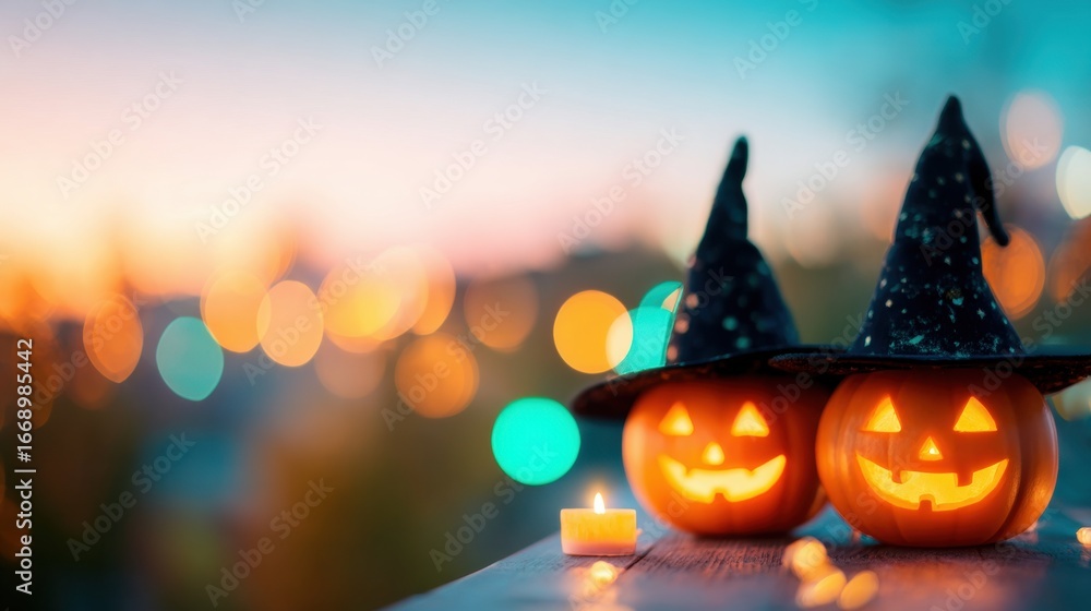 Naklejka premium Halloween celebration with carved pumpkins and candles at sunset