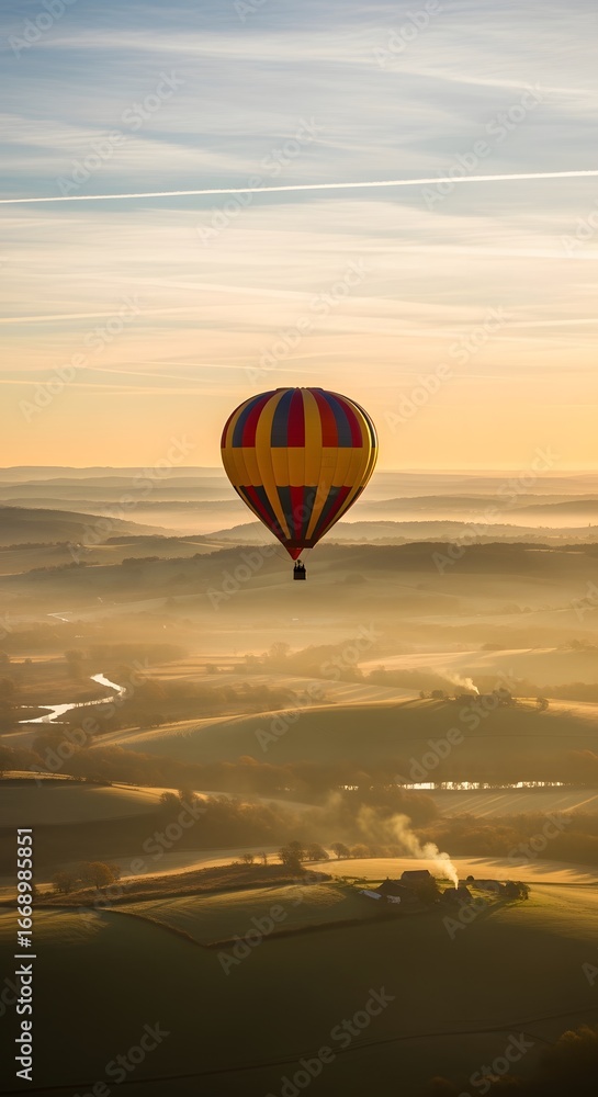 Fototapeta premium Hot air balloon flying over a misty valley at sunrise in the morning