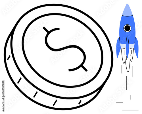 Large coin with dollar sign alongside a blue rocket taking off, symbolizing economic progress, investment, and innovation. Ideal for finance, business, startups, savings, technology growth