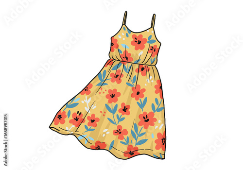 Floral yellow dress with spaghetti straps in playful design  