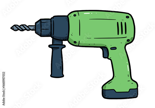 Green cordless power drill with a spiraled drill bit  