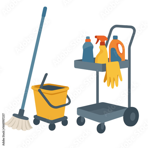 Cleaning supplies including mop, bucket, and spray bottles on cart  