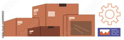 Cardboard boxes arranged in a stack alongside a gear icon and a data chart. Ideal for logistics, shipping, warehouse management, supply chain, packaging, analytics, optimization. Simple flat metaphor