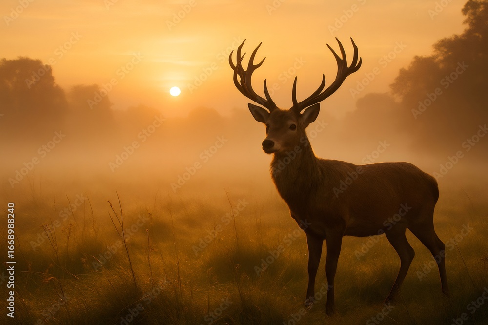Naklejka premium Red deer with large antlers standing in a foggy meadow during a golden sunrise, creating a serene and majestic atmosphere