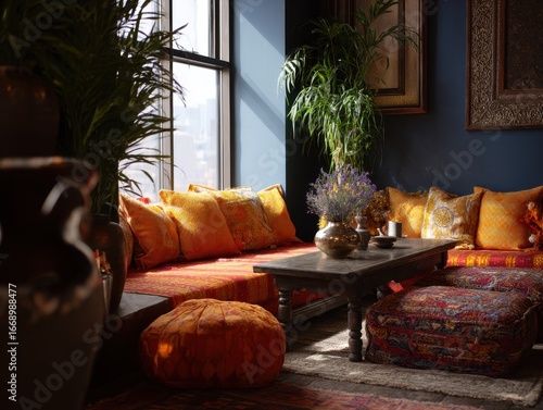 A sunlit, cozy lounge area ...