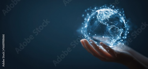 Glowing world, connected by network held in cupped hands, against a dark blue background