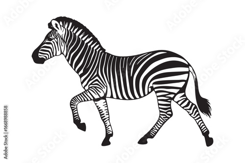 A stylized black and white illustration of a zebra
