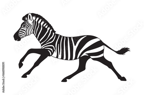Black and white silhouette of a running zebra