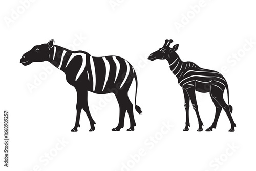 Stylized zebra and giraffe silhouettes with striped patterns