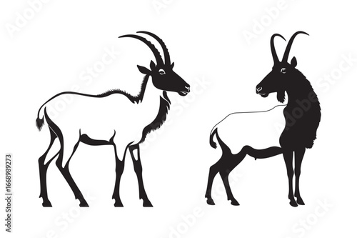 Two stylized antelopes with curved horns standing side by side