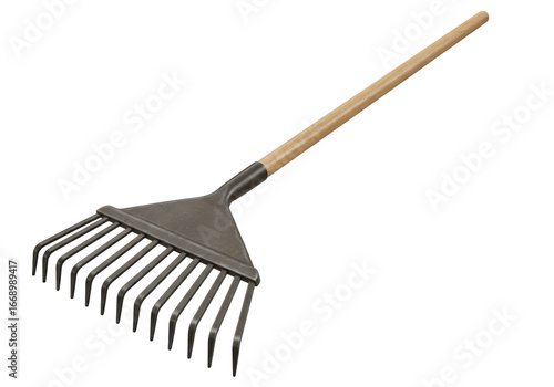 Foto Isolated Brown Metallic Garden Rake with Wooden Handle for Yard Work and Leaf Ga