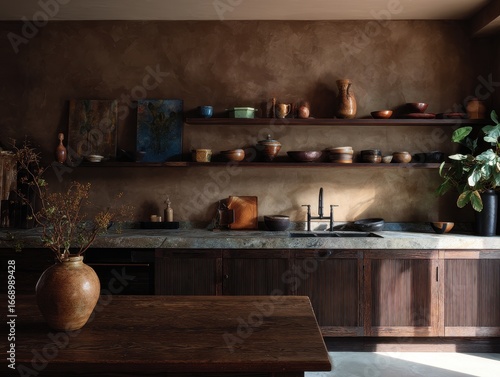 A rustic, earthy kitchen bo...