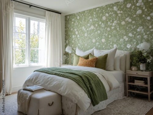 A serene bedroom boasts a p...