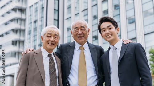 Professional businessmen spanning three generations supporting each other, representing collaborative corporate culture in Japanese workplace environment
