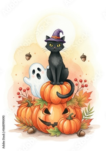 Cute Black Cat in a Witch Hat for Halloween Watercolor Illustration for Halloween and autumn season, greeting cards, party invitations, posters, seasonal decorations 