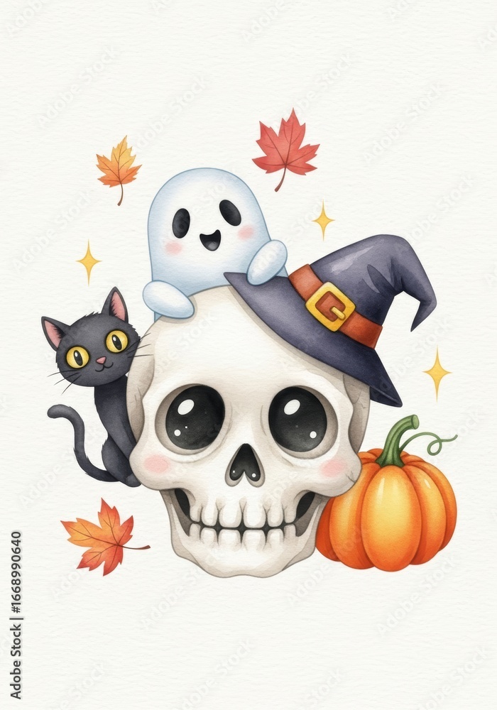 Fototapeta premium Cute Halloween Skull with Witch Hat and Black Cat Watercolor Illustration for Halloween and autumn season, greeting cards, party invitations, posters, seasonal decorations 