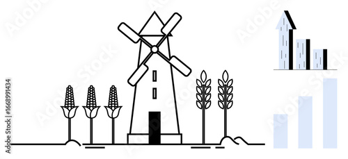 Windmill with corn, wheat crops in foreground, and an upward bar graph. Ideal for agriculture, sustainability, farming innovation, rural economy, growth, eco-friendly energy and a simple landing
