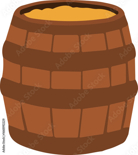 Wooden barrel filled with golden substance in flat design  