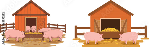 Cartoon pigs eating at farm with wooden barn and straw  