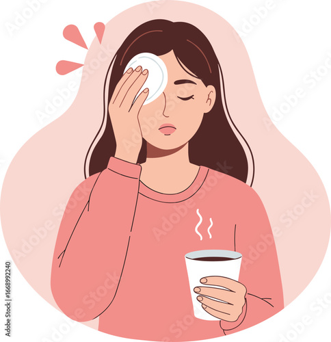 Young woman feeling unwell while holding a hot drink and towel  