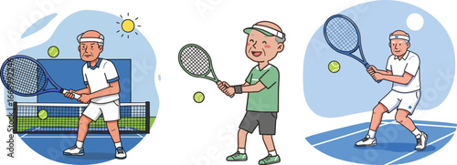 Senior men playing tennis on outdoor courts in various styles  