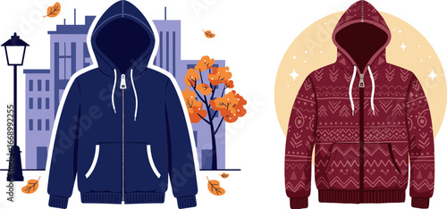 Two hooded sweatshirts in autumn city setting with colorful leaves  