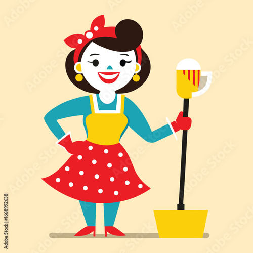 Cheerful cartoon woman dressed as a retro housewife with a mop and dustpan ready for cleaning and household chores