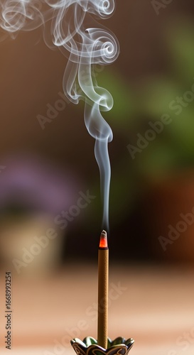 Closeup of burning incense stick with smoke for relaxation and meditation