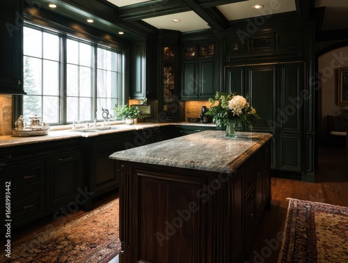 A dark, rich kitchen boasts...