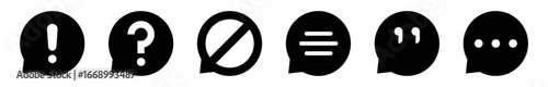 Conjunto de iconos de globos de diálogo. Comunicación y mensajes. Globo con signo de admiración, pregunta, prohibido, texto, comillas. Ilustración vectorial