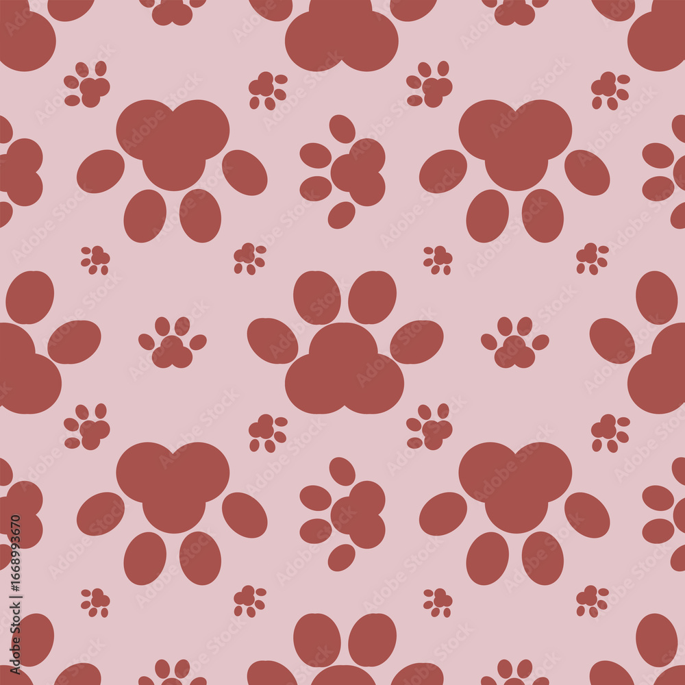 Fototapeta premium Seamless vector pattern with stylized paw prints in terracotta and blush pink, featuring varying sizes and arrangements for a playful yet sophisticated design.