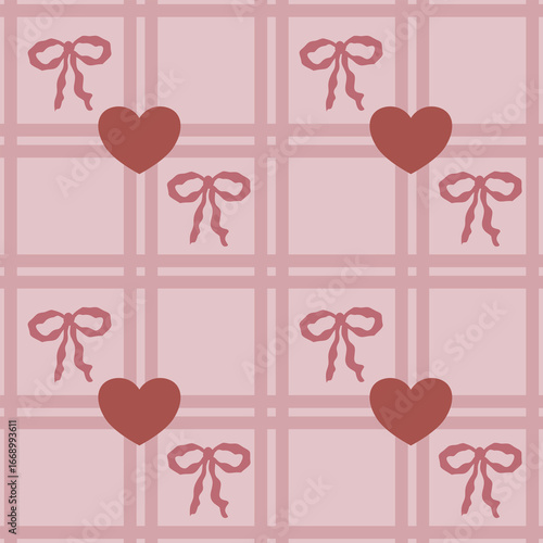 Seamless vector pattern featuring a delicate blush pink grid overlaid with charming terracotta hearts and stylized bows, creating a romantic and subtly textured design ideal for Valentines Day or...