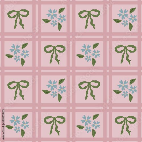 Seamless vector pattern featuring a delicate interplay of olive green bows and light blue floral bouquets, arranged within a soft pink grid for a charming and elegant design.