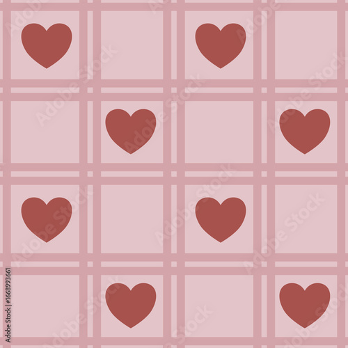 Seamless vector pattern with terracotta hearts on a blush pink grid, creating a delicate and romantic design ideal for Valentines Day or wedding invitations.