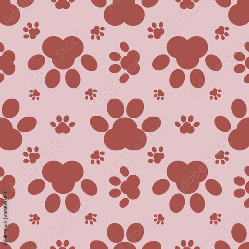 Seamless vector pattern with stylized paw prints in terracotta and blush pink, featuring varying sizes and arrangements for a playful yet sophisticated design.