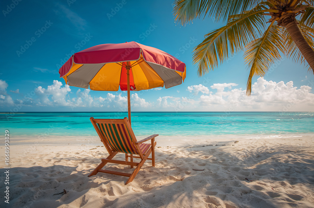 Fototapeta premium Empty beach chair and umbrella under palm tree by turquoise ocean tropical vacation